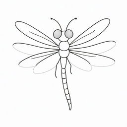 A cute, two-dimensional black and white outline of a cartoon dragonfly for a colouring page.