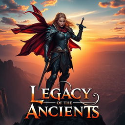 An epic movie poster featuring Jennifer Fitzgerald, a strong and enigmatic female protagonist standing heroically on a dramatic cliff overlooking a vast fantasy landscape
