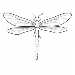 A cute, two-dimensional black and white outline of a cartoon dragonfly for a colouring page.