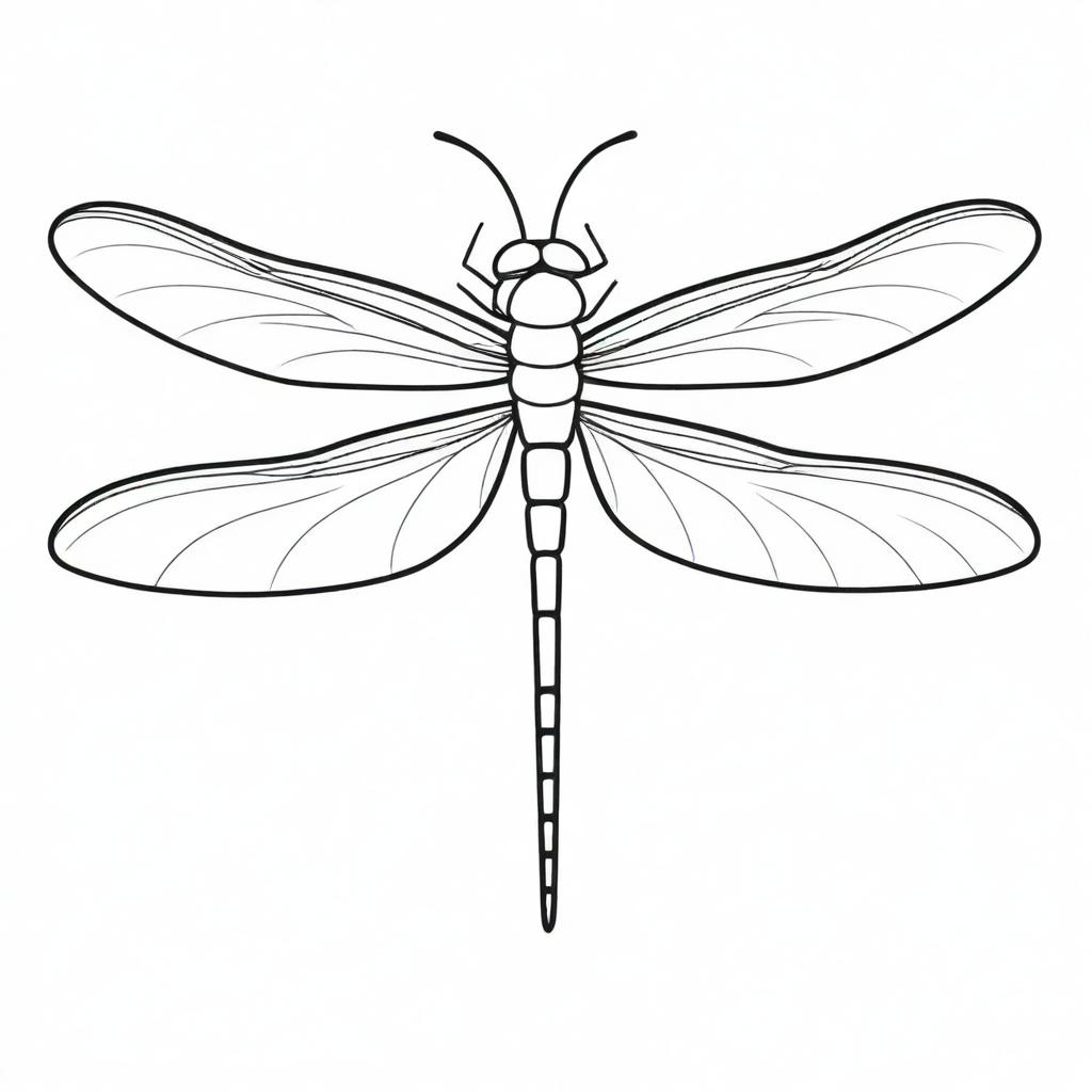 A cute, two-dimensional black and white outline of a cartoon dragonfly for a colouring page.