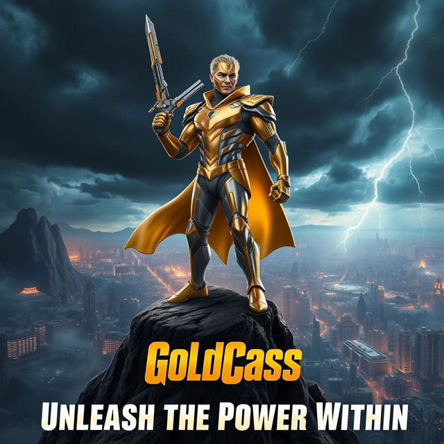 An epic movie poster featuring a character named GoldCass, a futuristic hero clad in a sleek, shimmering gold and silver armor, standing valiantly atop a mountain cliff overlooking a vast, dystopian cityscape