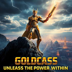 An epic movie poster featuring a character named GoldCass, a futuristic hero clad in a sleek, shimmering gold and silver armor, standing valiantly atop a mountain cliff overlooking a vast, dystopian cityscape