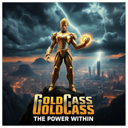 An epic movie poster featuring a character named GoldCass, a futuristic hero clad in a sleek, shimmering gold and silver armor, standing valiantly atop a mountain cliff overlooking a vast, dystopian cityscape