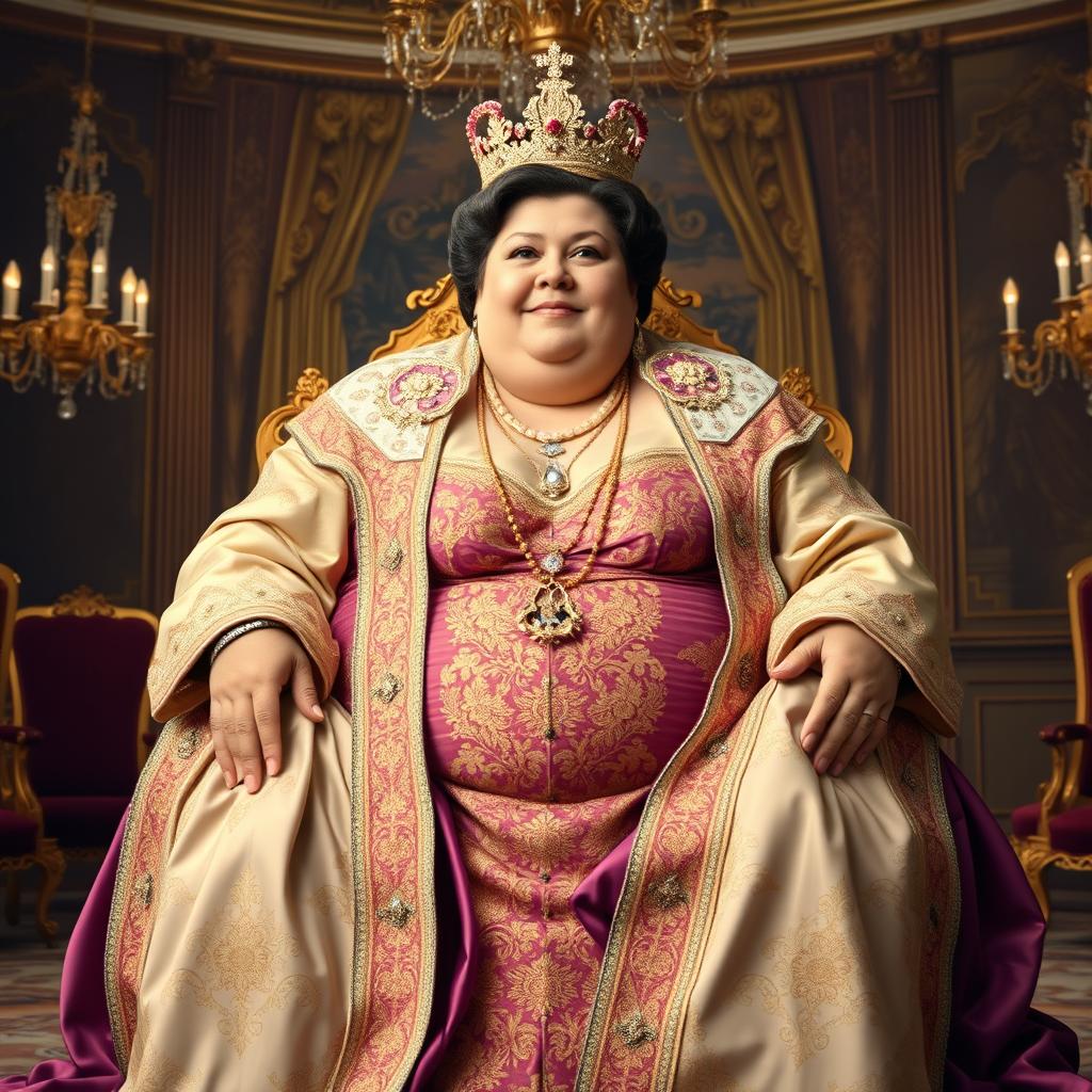 A hyper-sized, very overweight woman exuding a majestic presence, adorned in luxurious royal attire, seated elegantly in ornate royal chambers