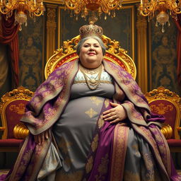 A hyper-sized, very overweight woman exuding a majestic presence, adorned in luxurious royal attire, seated elegantly in ornate royal chambers