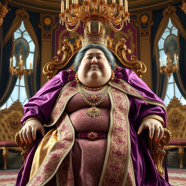 A hyper-sized, very overweight woman exuding a majestic presence, adorned in luxurious royal attire, seated elegantly in ornate royal chambers