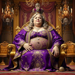 A hyper-sized, very overweight woman exuding a majestic presence, adorned in luxurious royal attire, seated elegantly in ornate royal chambers