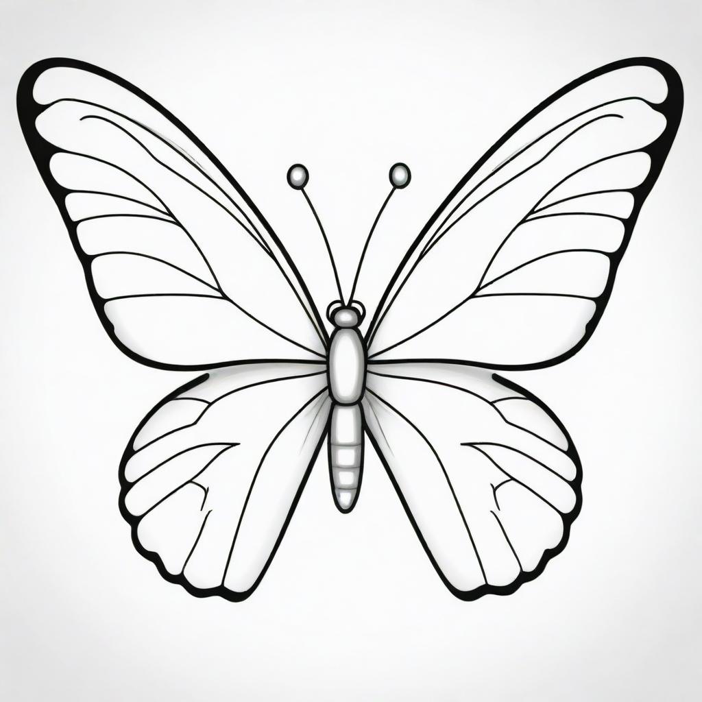 A stunning, two-dimensional black and white outline of a cartoon butterfly showcasing beautiful wings for a colouring page.