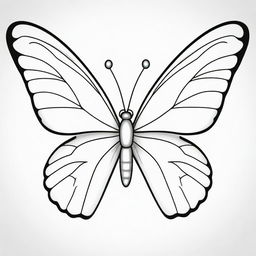 A stunning, two-dimensional black and white outline of a cartoon butterfly showcasing beautiful wings for a colouring page.