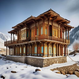 Create a detailed image of a traditional Kashmiri house, capturing the essence of cultural architecture, featuring vibrant colors, intricate woodwork, and beautiful stonework within a serene snowy landscape.