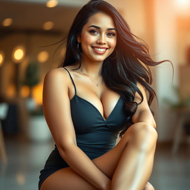 A stunning young woman with voluptuous curves and a confident pose, sitting in a bright, modern setting