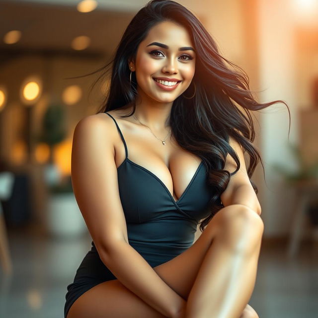 A stunning young woman with voluptuous curves and a confident pose, sitting in a bright, modern setting