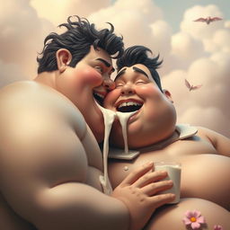 An imaginative scene featuring a surreal and playful moment, with a pair of large, voluptuous figures artistically rendered, showcasing exaggerated, voluptuous forms