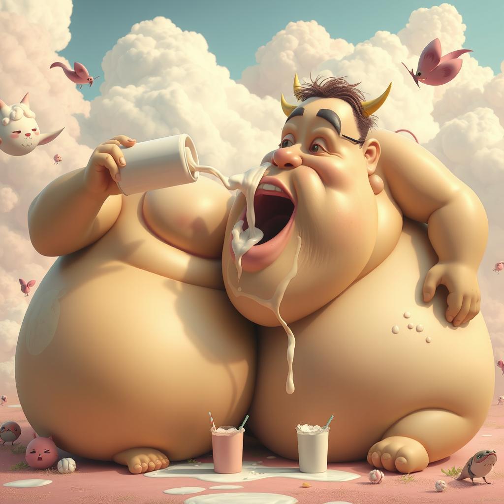 An imaginative scene featuring a surreal and playful moment, with a pair of large, voluptuous figures artistically rendered, showcasing exaggerated, voluptuous forms