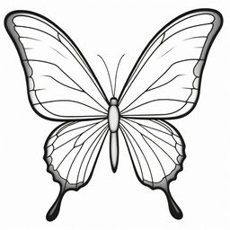 A stunning, two-dimensional black and white outline of a cartoon butterfly showcasing beautiful wings for a colouring page.