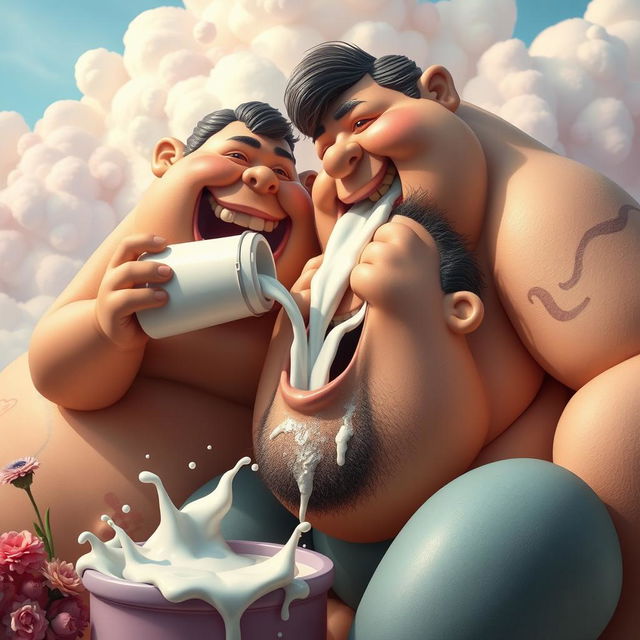 An imaginative scene featuring a surreal and playful moment, with a pair of large, voluptuous figures artistically rendered, showcasing exaggerated, voluptuous forms