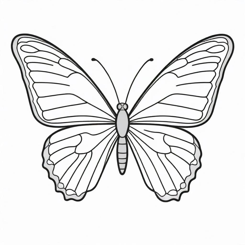 A stunning, two-dimensional black and white outline of a cartoon butterfly showcasing beautiful wings for a colouring page.