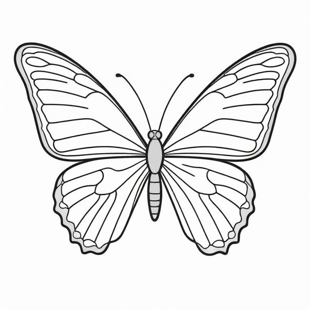 A stunning, two-dimensional black and white outline of a cartoon butterfly showcasing beautiful wings for a colouring page.