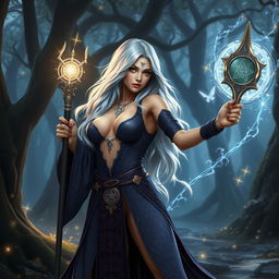A sexy silver-haired human female wizard from a fantasy D&D setting, featuring large breasts, wearing a revealing, intricately designed robe adorned with mystical symbols