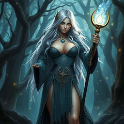 A sexy silver-haired human female wizard from a fantasy D&D setting, featuring large breasts, wearing a revealing, intricately designed robe adorned with mystical symbols