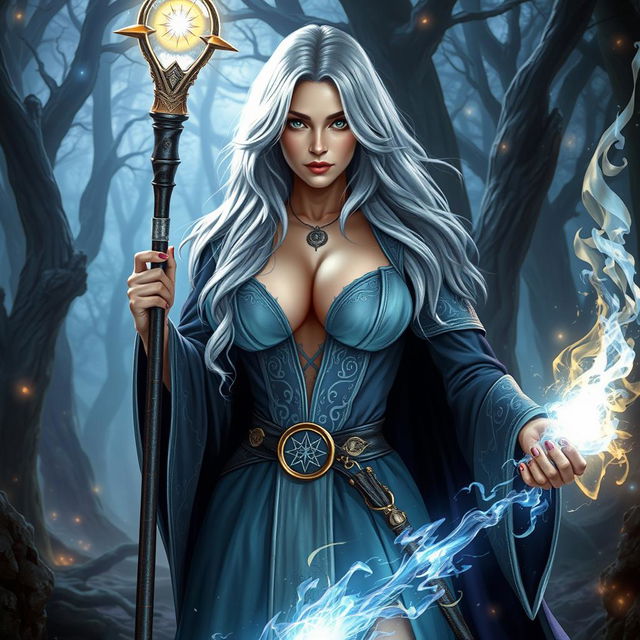 A sexy silver-haired human female wizard from a fantasy D&D setting, featuring large breasts, wearing a revealing, intricately designed robe adorned with mystical symbols