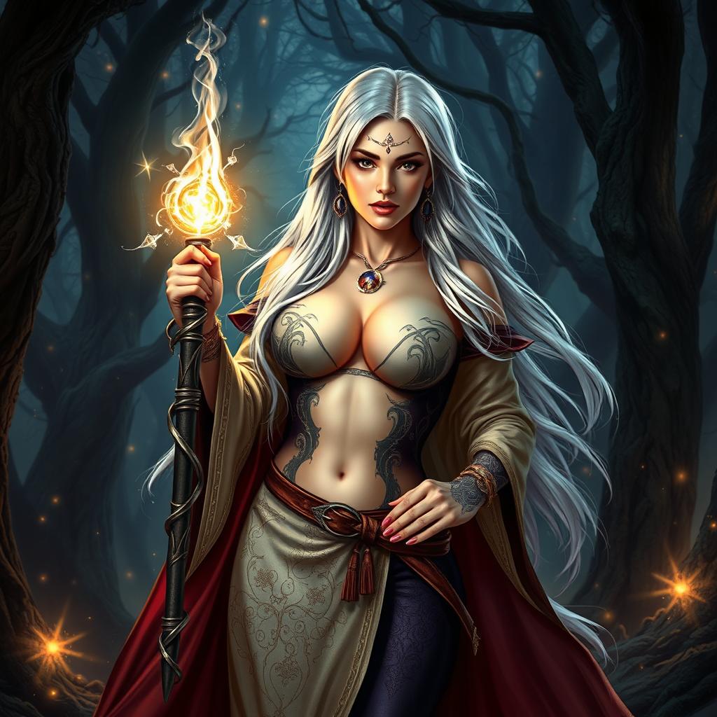 A sexy silver-haired human female wizard from a fantasy D&D setting, featuring large breasts, wearing a revealing, intricately designed robe adorned with mystical symbols