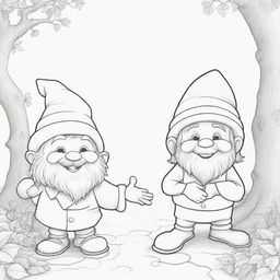 A fun, two-dimensional black and white outline of playful gnomes for a colouring page.