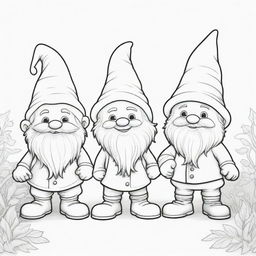 A fun, two-dimensional black and white outline of playful gnomes for a colouring page.