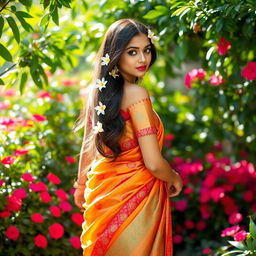 A beautiful young woman gracefully wearing a traditional saree, rich in colors and intricate patterns, standing in a lush garden filled with vibrant flowers