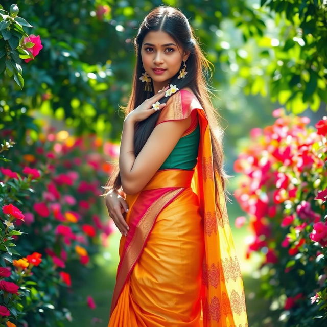 A beautiful young woman gracefully wearing a traditional saree, rich in colors and intricate patterns, standing in a lush garden filled with vibrant flowers