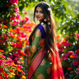 A beautiful young woman gracefully wearing a traditional saree, rich in colors and intricate patterns, standing in a lush garden filled with vibrant flowers