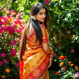 A beautiful young woman gracefully wearing a traditional saree, rich in colors and intricate patterns, standing in a lush garden filled with vibrant flowers