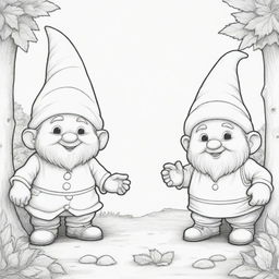 A fun, two-dimensional black and white outline of playful gnomes for a colouring page.