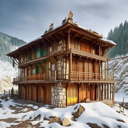 Create a detailed image of a traditional Kashmiri house, capturing the essence of cultural architecture, featuring vibrant colors, intricate woodwork, and beautiful stonework within a serene snowy landscape.