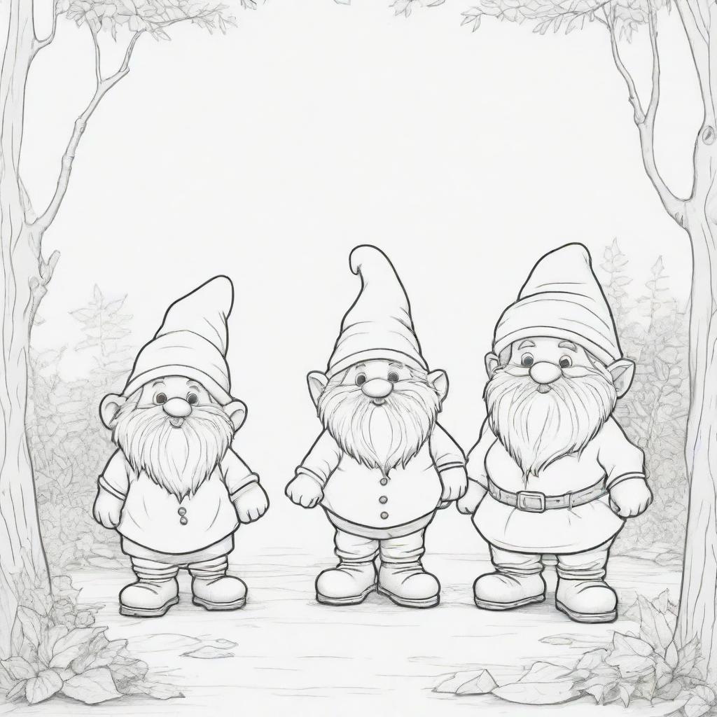 A fun, two-dimensional black and white outline of playful gnomes for a colouring page.