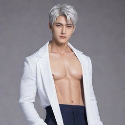 Anime style male lead with short silver hair, silver cat-like eyes, a tall muscular body, slim waist, broad shoulders, defined six-pack abs, and a small feminine face resemblant of a Kpop idol. Dress him as a Duke, exuding a cold, yet loving, aura.