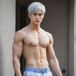 Anime style male lead with short silver hair, silver cat-like eyes, a tall muscular body, slim waist, broad shoulders, defined six-pack abs, and a small feminine face resemblant of a Kpop idol. Dress him as a Duke, exuding a cold, yet loving, aura.