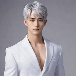 Anime style male lead with short silver hair, silver cat-like eyes, a tall muscular body, slim waist, broad shoulders, defined six-pack abs, and a small feminine face resemblant of a Kpop idol. Dress him as a Duke, exuding a cold, yet loving, aura.