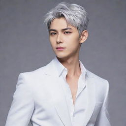 Anime style male lead with short silver hair, silver cat-like eyes, a tall muscular body, slim waist, broad shoulders, defined six-pack abs, and a small feminine face resemblant of a Kpop idol. Dress him as a Duke, exuding a cold, yet loving, aura.