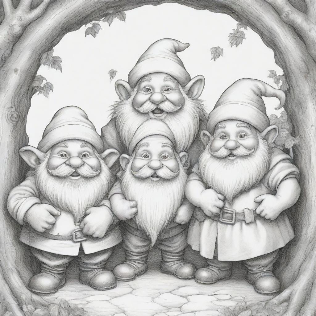 A delightful, two-dimensional black and white outline of lively dwarfs for a colouring page.