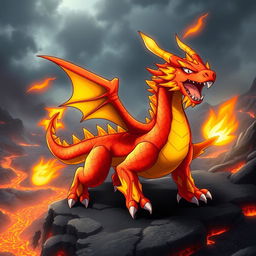 A vibrant and fierce Dragon and Fire-type Pokémon, designed with a majestic dragon-like appearance