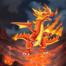 A vibrant and fierce Dragon and Fire-type Pokémon, designed with a majestic dragon-like appearance