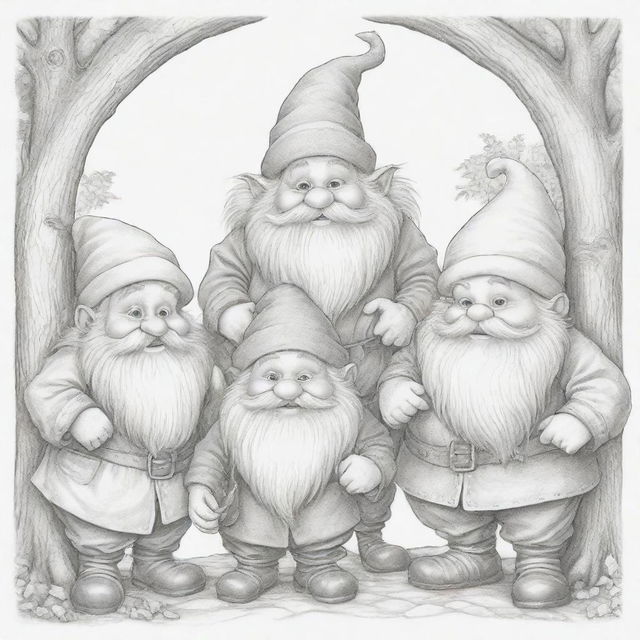 A delightful, two-dimensional black and white outline of lively dwarfs for a colouring page.