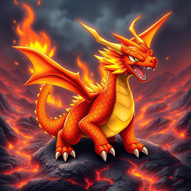 A vibrant and fierce Dragon and Fire-type Pokémon, designed with a majestic dragon-like appearance