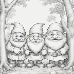 A delightful, two-dimensional black and white outline of lively dwarfs for a colouring page.