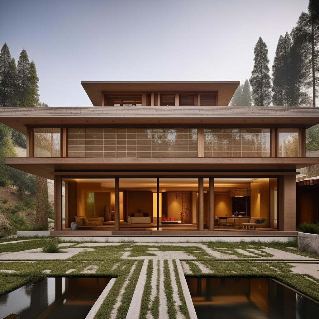 Generate an image of a modern Kashmiri house, blending traditional architectural elements such as intricate woodwork and stonework, with contemporary design aesthetics, including clean lines, large glass windows, and minimalist décor.