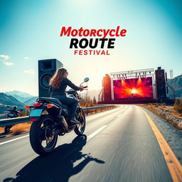 A striking event poster design for a motorcycle route festival, featuring a captivating scene with a woman riding a powerful motorcycle down a scenic highway