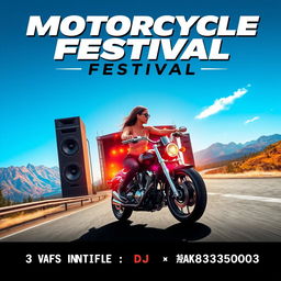 A striking event poster design for a motorcycle route festival, featuring a captivating scene with a woman riding a powerful motorcycle down a scenic highway