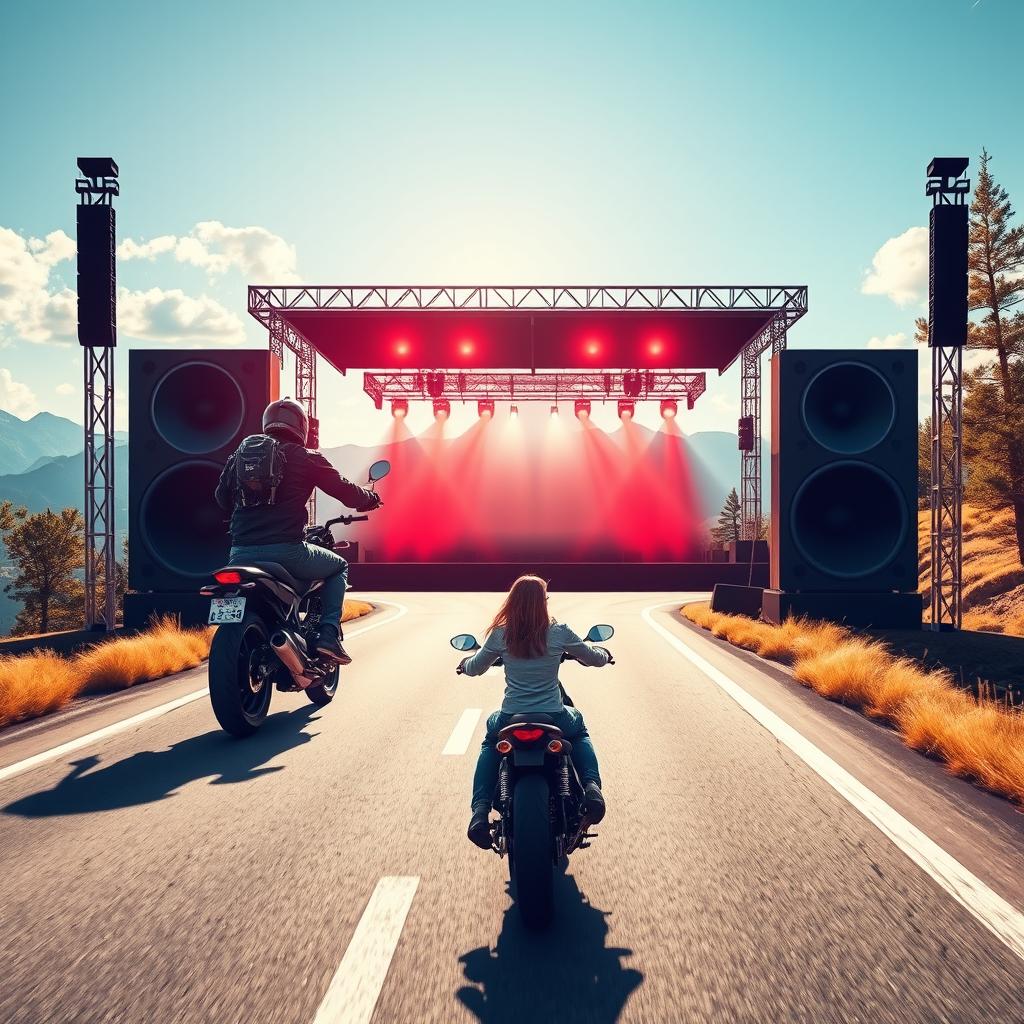 A striking event poster design for a motorcycle route festival, featuring a captivating scene with a woman riding a powerful motorcycle down a scenic highway