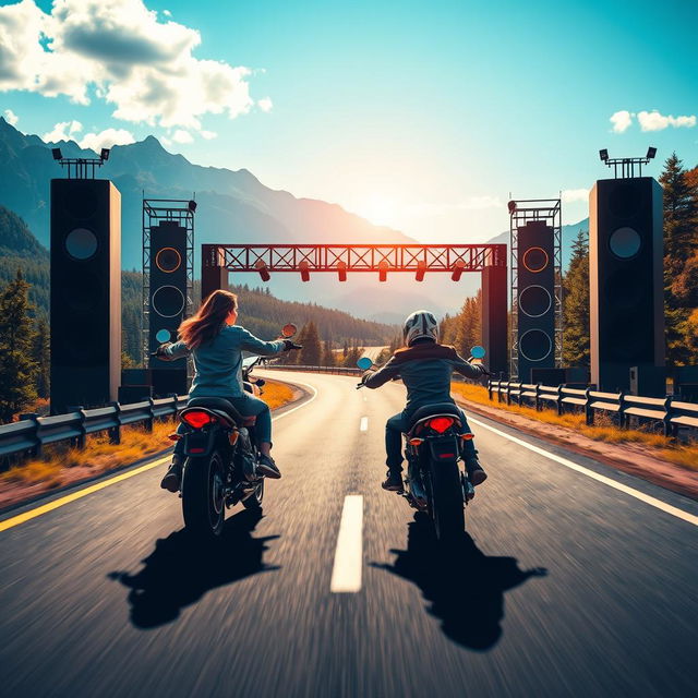 A striking event poster design for a motorcycle route festival, featuring a captivating scene with a woman riding a powerful motorcycle down a scenic highway